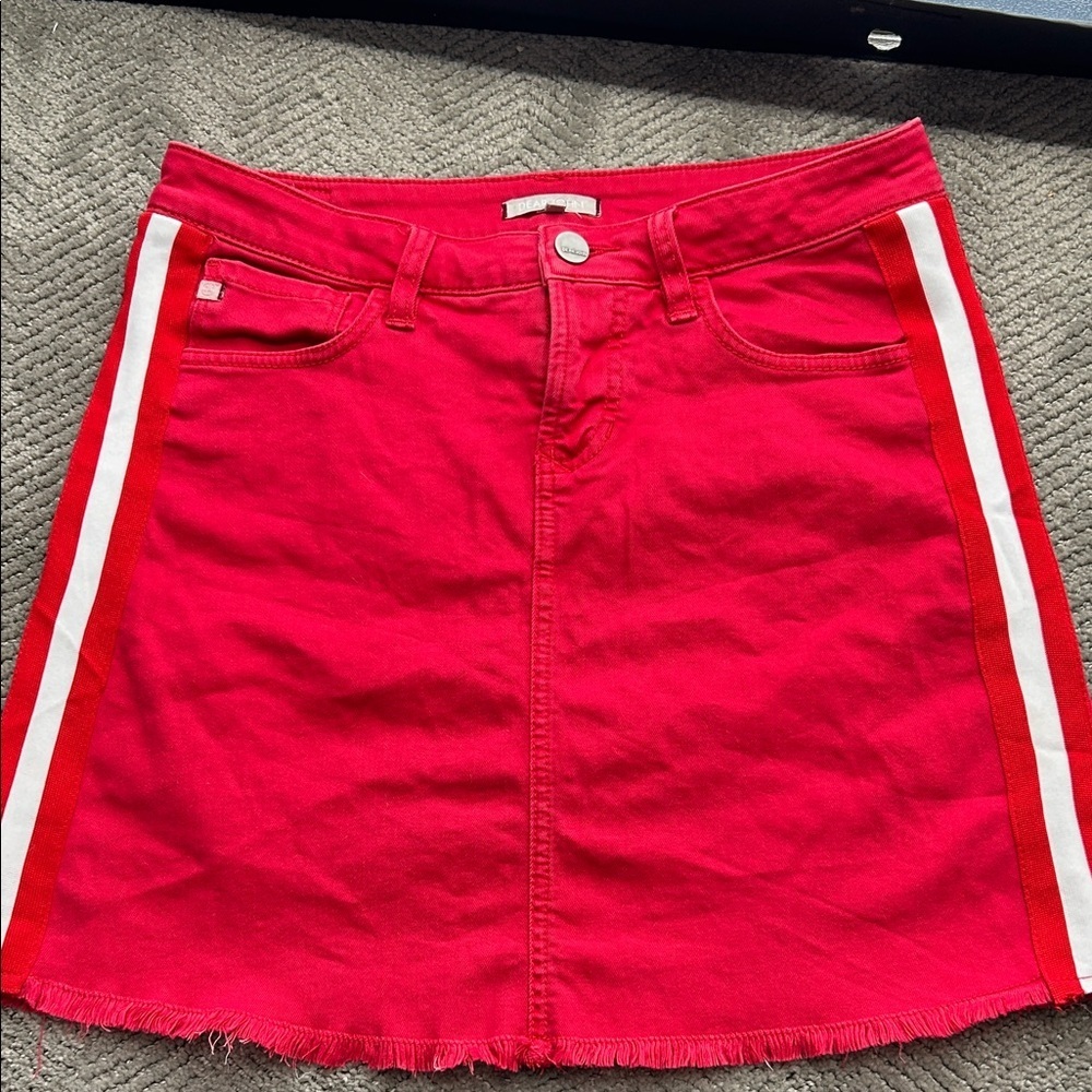 Dear John Red Denim Side Stripe Mini Skirt - Size 28 - Raw Hem & Stretch - Picture 1 of 8